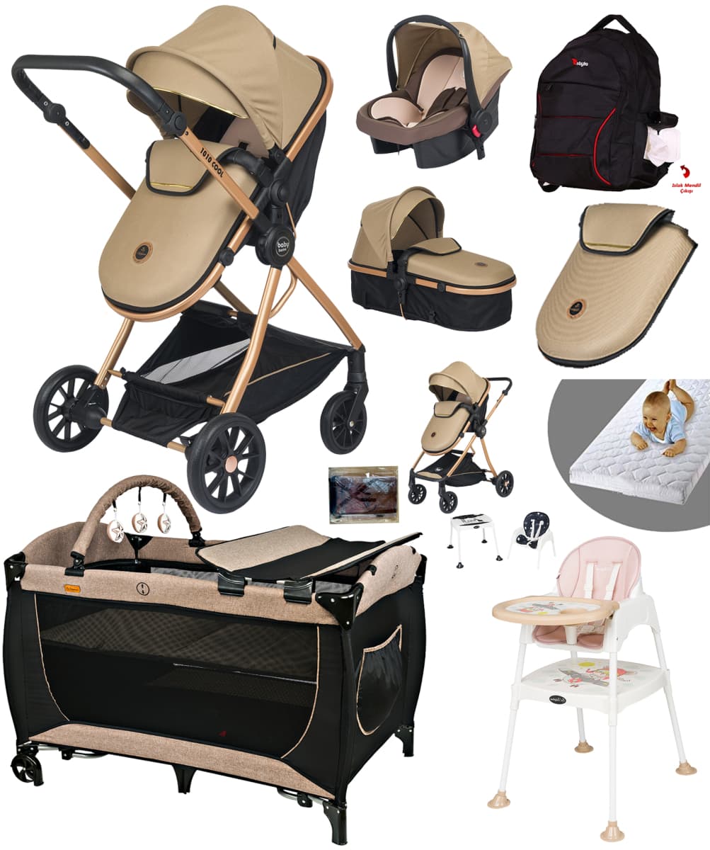 Baby Home 1010 Qool Gold Kahve bebek arabası, ana kucağı, 560 park yatak ve 1450 mama sandalyesi takımı