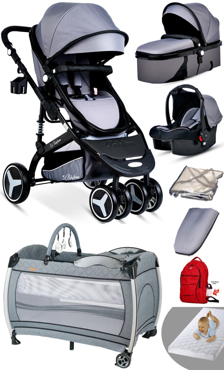 Baby Home 945 Gri bebek arabası, ana kucağı, portbebe kullanım biçimi ve 600 Nanny park yatak seti