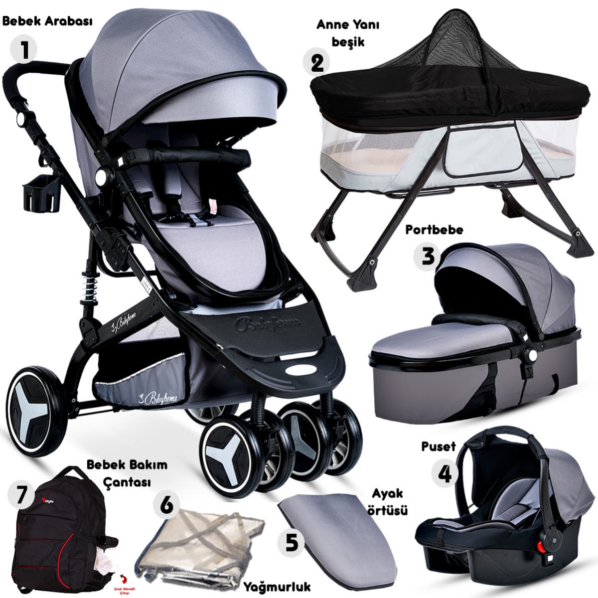 Baby Home 945 Paris Gri — siyah şaseli bebek arabası ve 7’si 1 arada takım
