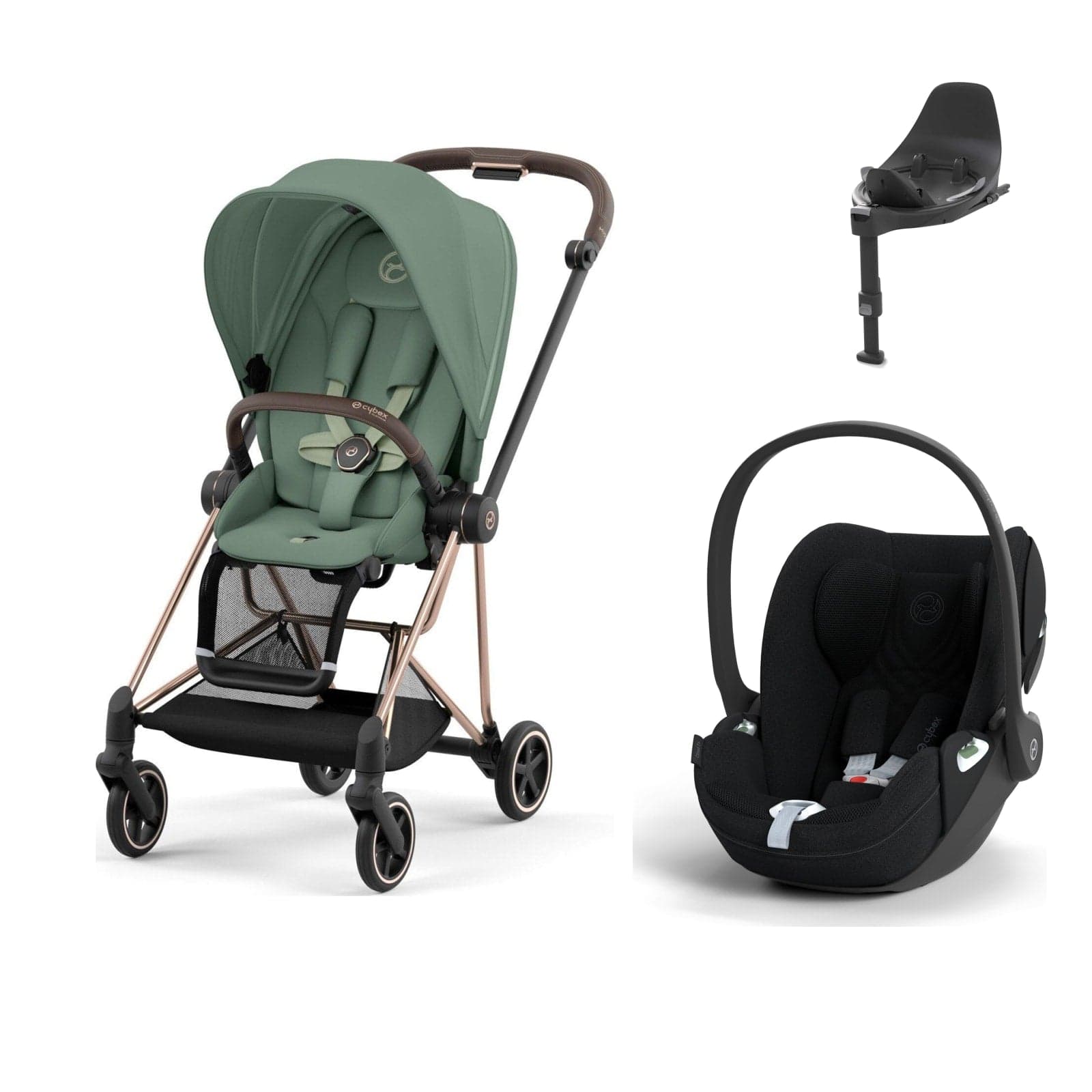 Cybex Mios Rosegold şasi ve Leaf Green yeşil kumaş; siyah Cloud T Plus ve Base T baza